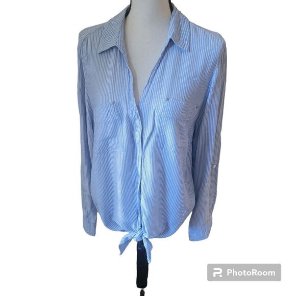 COPY - Jones New York Button Up Top with Front Tie and Roll Tab Sleeves. Size L. - Picture 1 of 12